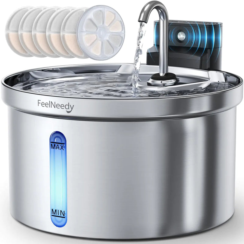 Wireless Cat Water Fountain Stainless Steel [Water & Battery Separation] FEELNEEDY Smart Pet Water Fountain 4000mAh Battery Operated Water Fountain for Cats Dogs 3.5L/118oz + 6 Filters